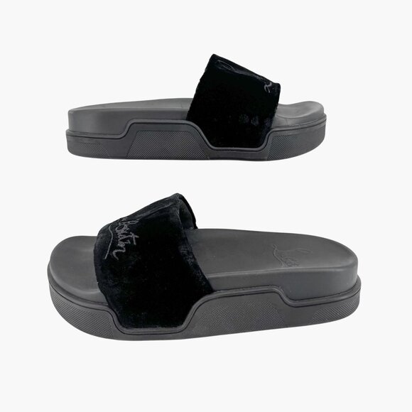 Christian Louboutin 'Navy Pool' Slide Sandals Size 37 US 7 Black Velvet Logo 35 - Picture 8 of 12